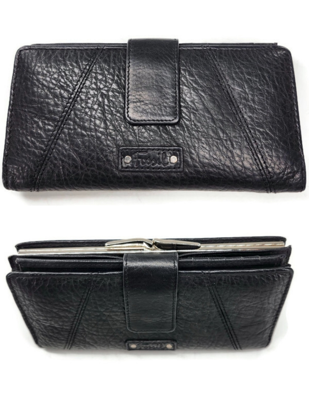 Fossil Black Pebbled Leather Large Bi-Fold Snap Tab Close & Kiss Lock Wallet